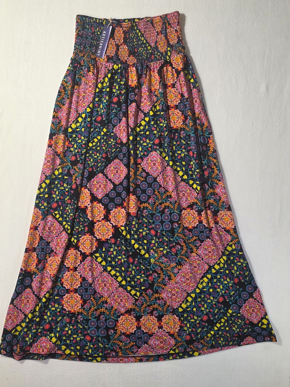 Artisan NY Patchwork Boho Maxi Skirt XS NWT Smocked Waist Festival